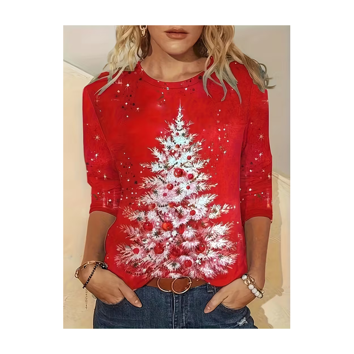 Women Christmas Long Sleeve Tee T-shirt Crew Neck Printing Casual Spring/Fall Graphic Tee Top