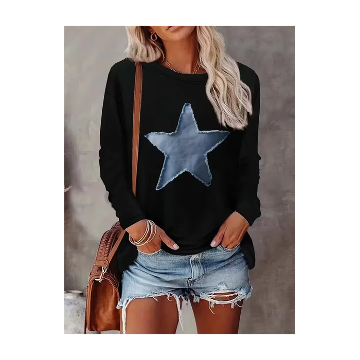 Women Star Long Sleeve Tee T-shirt Crew Neck Printing Casual Spring/Fall Graphic Tee Top