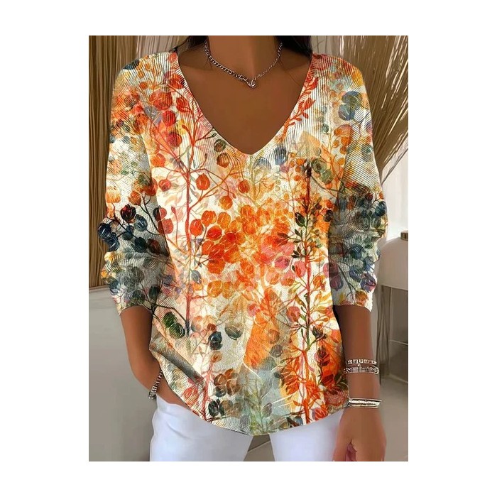 Women Floral Long Sleeve Tee T-shirt V Neck Printing Casual Spring/Fall Top