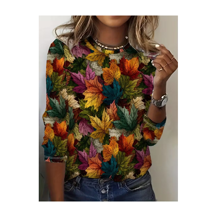 Women Maple Leaf Long Sleeve Tee T-shirt Crew Neck Printing Casual Spring/Fall Graphic Tee Top