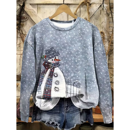 Women Christmas Snowman Crew Neck Printing Casual Spring/Fall Long Sleeve Sweatshirt
