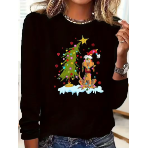 Women Christmas Long Sleeve Tee T-shirt Crew Neck Printing Casual Spring/Fall Graphic Tee Top