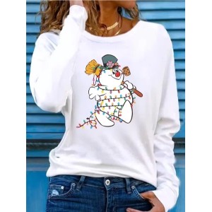 Women Christmas Snowman Long Sleeve Tee T-shirt Crew Neck Printing Casual Spring/Fall Graphic Tee Top