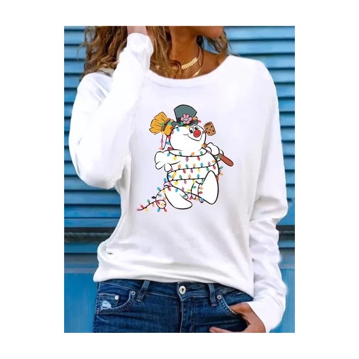 Women Christmas Snowman Long Sleeve Tee T-shirt Crew Neck Printing Casual Spring/Fall Graphic Tee Top