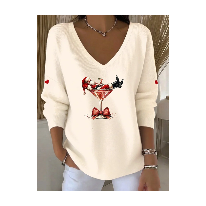 Women Santa Claus Long Sleeve Tee T-shirt V Neck Printing Casual Spring/Fall Top