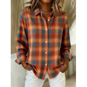Women Plaid Long Sleeve Shirt Spring/Fall Buckle Shirt Collar Regular Sleeve Daily Casual Top