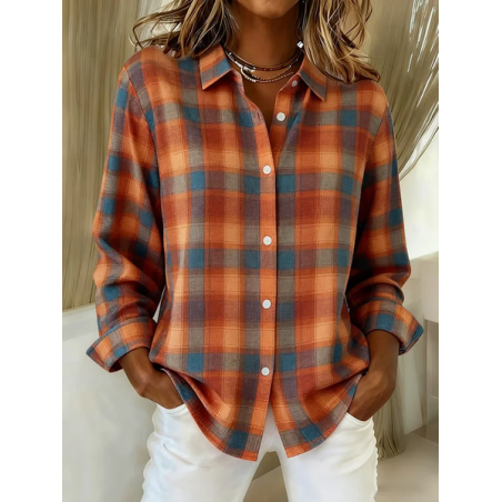Women Plaid Long Sleeve Shirt Spring/Fall Buckle Shirt Collar Regular Sleeve Daily Casual Top