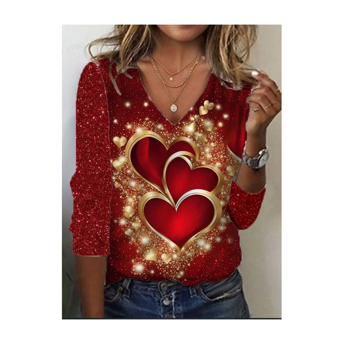 Women's Long Sleeve Tee T-shirt Spring/Fall Heart/Cordate Printing V Neck Casual Top