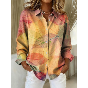 Women Leaf Long Sleeve Shirt Spring/Fall Buckle Shirt Collar Regular Sleeve Daily Casual Top