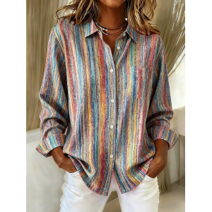 Women Striped Long Sleeve Shirt Spring/Fall Buckle Shirt Collar Regular Sleeve Daily Casual Top