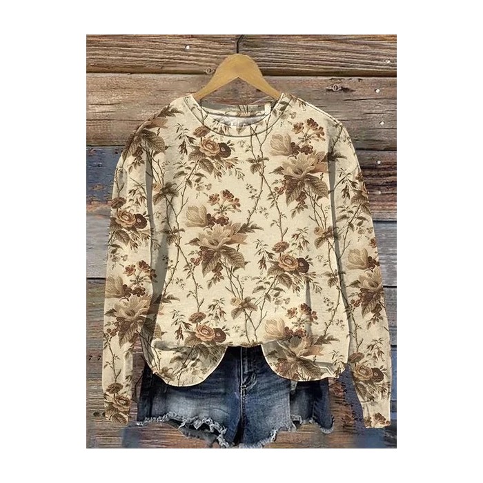 Women Floral Crew Neck Printing Casual Spring/Fall Long Sleeve Sweatshirt