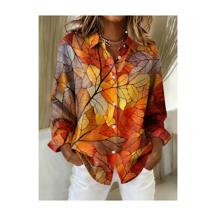 Women Maple Leaf Long Sleeve Shirt Spring/Fall Buckle Shirt Collar Regular Sleeve Daily Casual Top