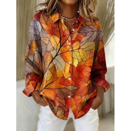 Women Maple Leaf Long Sleeve Shirt Spring/Fall Buckle Shirt Collar Regular Sleeve Daily Casual Top