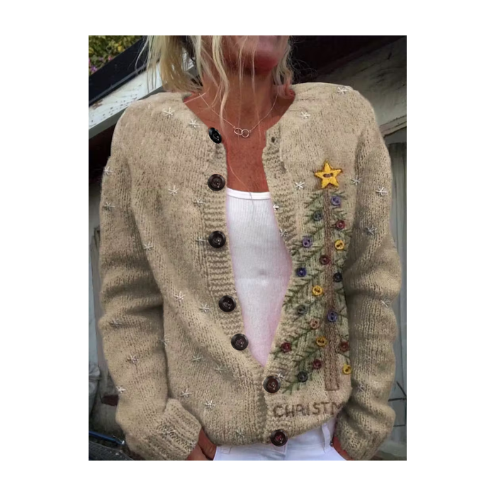 Women Christmas Printing Long Sleeve Crew Neck Vintage Spring/Fall Cardigan Outerwear