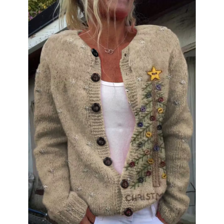 Women Christmas Printing Long Sleeve Crew Neck Vintage Spring/Fall Cardigan Outerwear
