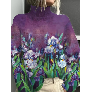 Women Floral Printing Spring/Fall Vintage Long Sleeve Turtleneck Sweater