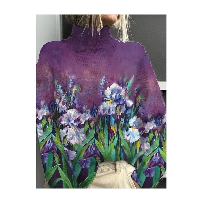 Women Floral Printing Spring/Fall Vintage Long Sleeve Turtleneck Sweater