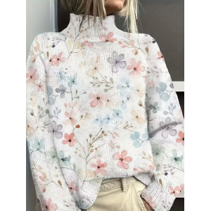 Women Floral Printing Spring/Fall Vintage Long Sleeve Turtleneck Sweater