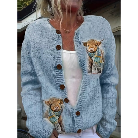 Women Cattle Printing Long Sleeve Crew Neck Vintage Spring/Fall Cardigan Outerwear