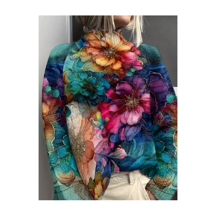 Women Floral Printing Spring/Fall Vintage Long Sleeve Turtleneck Sweater