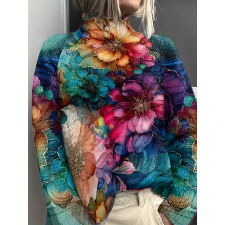 Women Floral Printing Spring/Fall Vintage Long Sleeve Turtleneck Sweater
