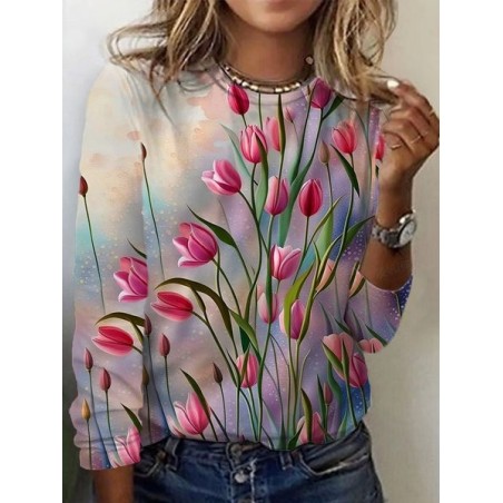 Women's Long Sleeve Tee T-shirt Spring/Fall Floral Jersey Crew Neck Daily Going Out Casual Top