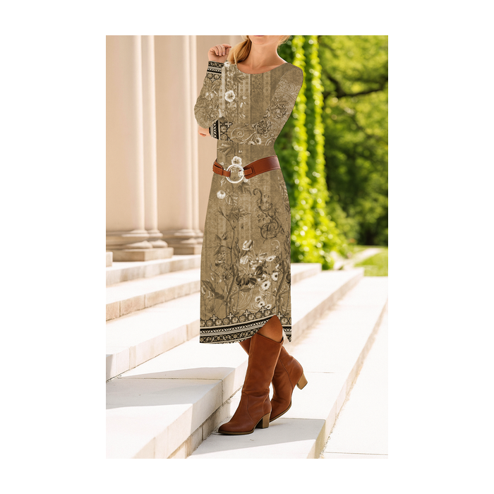 Women Floral Long Sleeve Spring/Fall Dress Crew Neck Daily Casual Midi T-Shirt Dress A-Line Dress