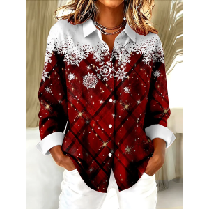 Women Christmas Long Sleeve Shirt Spring/Fall Buckle Shirt Collar Regular Sleeve Daily Casual Top
