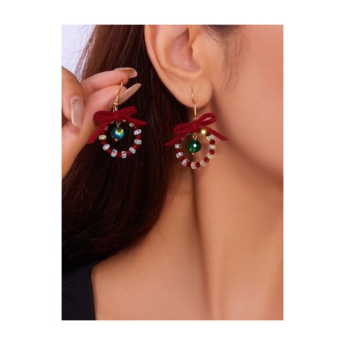 Handmade Christmas Party Millet Bead Earrings Bowknot Fashion Wreath Earrings