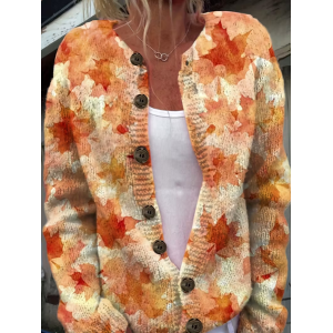Women Maple Leaf Printing Long Sleeve Crew Neck Vintage Spring/Fall Cardigan Outerwear