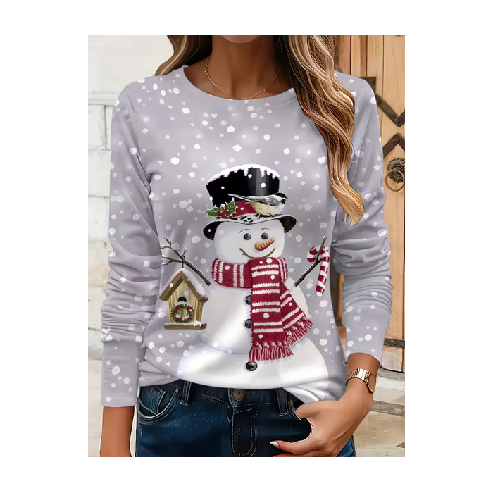 Women Christmas Snowman Long Sleeve Tee T-shirt Crew Neck Printing Casual Spring/Fall Graphic Tee Top