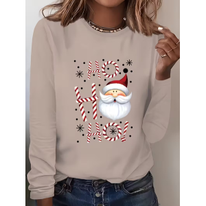 Women Santa Claus Long Sleeve Tee T-shirt Crew Neck Printing Casual Spring/Fall Graphic Tee Top