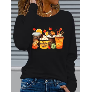 Women Halloween (pumpkin) Long Sleeve Tee T-shirt Crew Neck Printing Casual Spring/Fall Graphic Tee Top