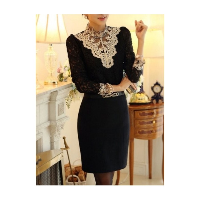 Women Floral Long Sleeve Tee T-shirt Stand Collar Beaded Vintage Spring/Fall Top