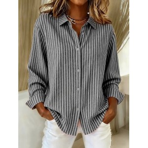 Women Striped Long Sleeve Shirt Spring/Fall Buckle Shirt Collar Regular Sleeve Daily Casual Top