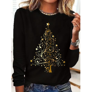Women Christmas Long Sleeve Tee T-shirt Crew Neck Printing Casual Spring/Fall Graphic Tee Top