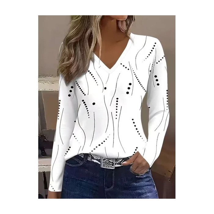 Women Polka Dots Long Sleeve Tee T-shirt V Neck Printing Casual Spring/Fall Graphic Tee Top