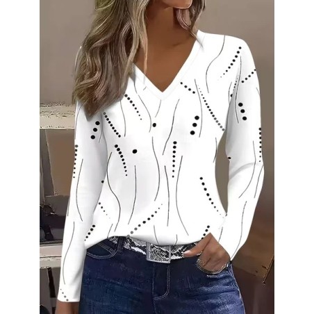 Women Polka Dots Long Sleeve Tee T-shirt V Neck Printing Casual Spring/Fall Graphic Tee Top