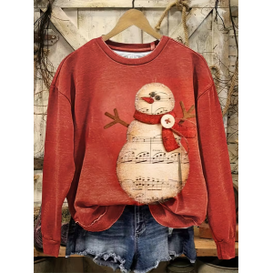 Women Christmas Snowman Crew Neck Printing Casual Spring/Fall Long Sleeve Sweatshirt