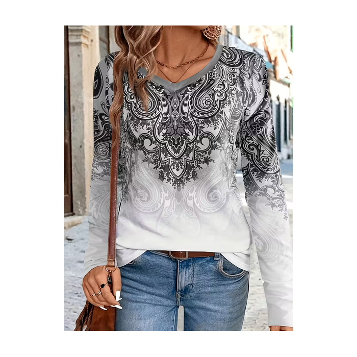 Women Ethnic Long Sleeve Tee T-shirt V Neck Printing Casual Spring/Fall Graphic Tee Top