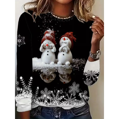 Women Christmas Snowman Long Sleeve Tee T-shirt Crew Neck Printing Casual Spring/Fall Graphic Tee Top