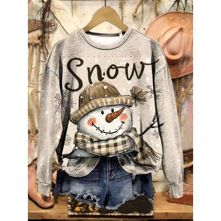 Women Christmas Snowman Crew Neck Printing Casual Spring/Fall Long Sleeve Sweatshirt