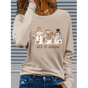 Women Christmas Snowman Long Sleeve Tee T-shirt Crew Neck Printing Casual Spring/Fall Graphic Tee Top