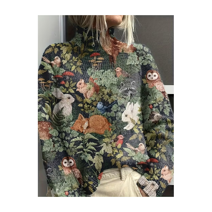 Women Floral Printing Spring/Fall Vintage Long Sleeve Turtleneck Sweater