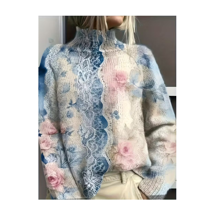 Women Floral Printing Spring/Fall Vintage Long Sleeve Turtleneck Sweater