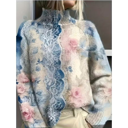 Women Floral Printing Spring/Fall Vintage Long Sleeve Turtleneck Sweater