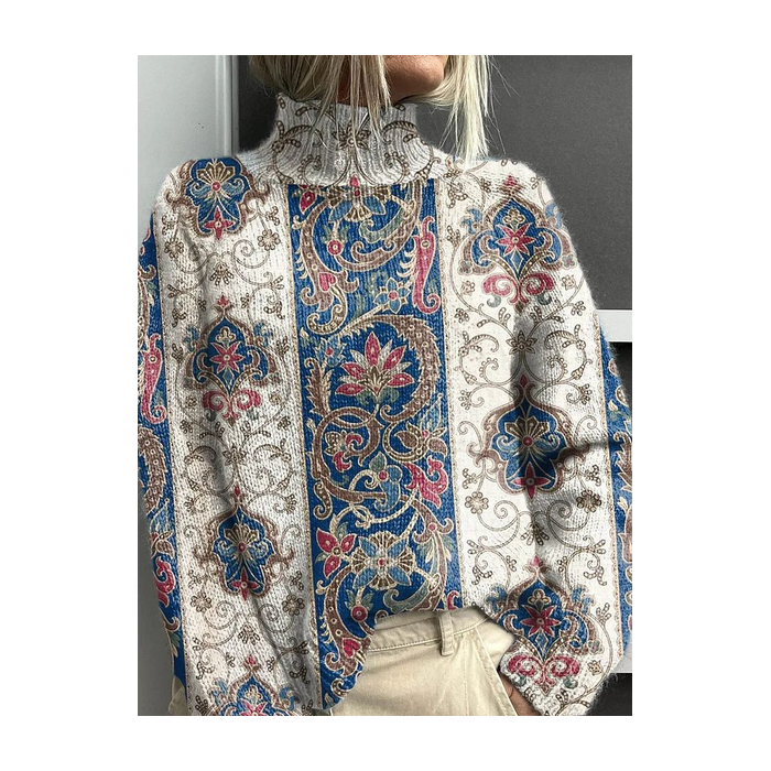 Women Floral Printing Spring/Fall Vintage Long Sleeve Turtleneck Sweater