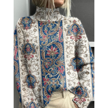 Women Floral Printing Spring/Fall Vintage Long Sleeve Turtleneck Sweater