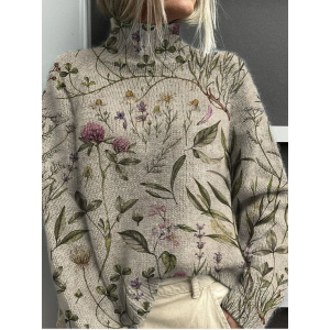 Women Floral Printing Spring/Fall Vintage Long Sleeve Turtleneck Sweater