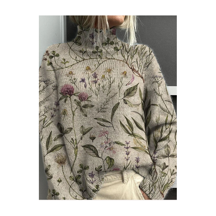 Women Floral Printing Spring/Fall Vintage Long Sleeve Turtleneck Sweater